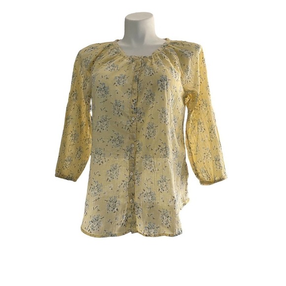 CHAPS | WOMENS BUTTON FRONT PEASANT BOHO‎ BLOUSE YELLOW FLORAL L - Picture 1 of 6